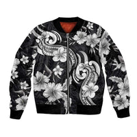 Hawaiian-Polynesian Art Tattoo Sleeve Zip Bomber Jacket Hibiscus and Plumeria Grayscale LT03 Unisex Black - Polynesian Pride