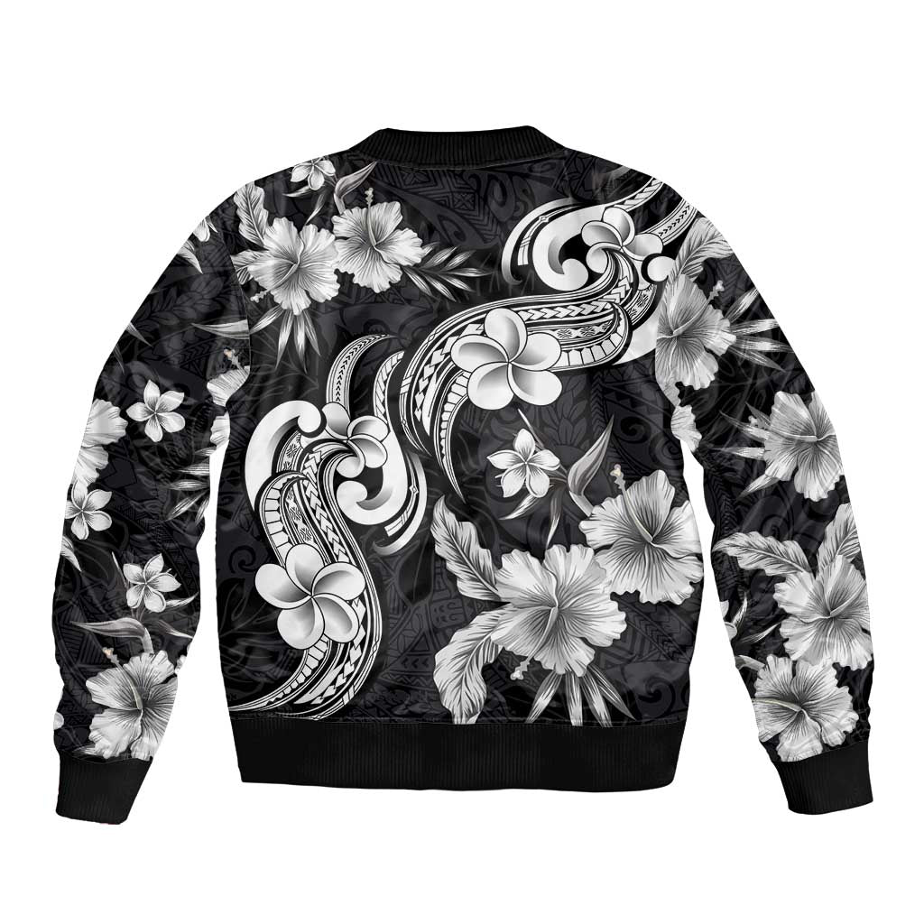 Hawaiian-Polynesian Art Tattoo Sleeve Zip Bomber Jacket Hibiscus and Plumeria Grayscale LT03 - Polynesian Pride