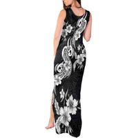 Hawaiian-Polynesian Art Tattoo Tank Maxi Dress Hibiscus and Plumeria Grayscale