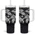 Hawaiian-Polynesian Art Tattoo Tumbler With Handle Hibiscus and Plumeria Grayscale