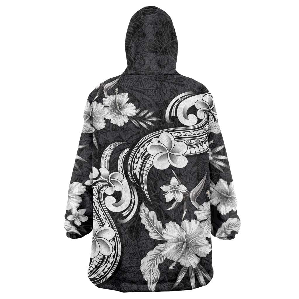 Hawaiian-Polynesian Art Tattoo Wearable Blanket Hoodie Hibiscus and Plumeria Grayscale