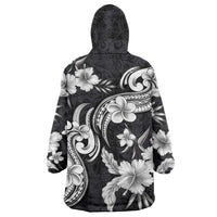 Hawaiian-Polynesian Art Tattoo Wearable Blanket Hoodie Hibiscus and Plumeria Grayscale