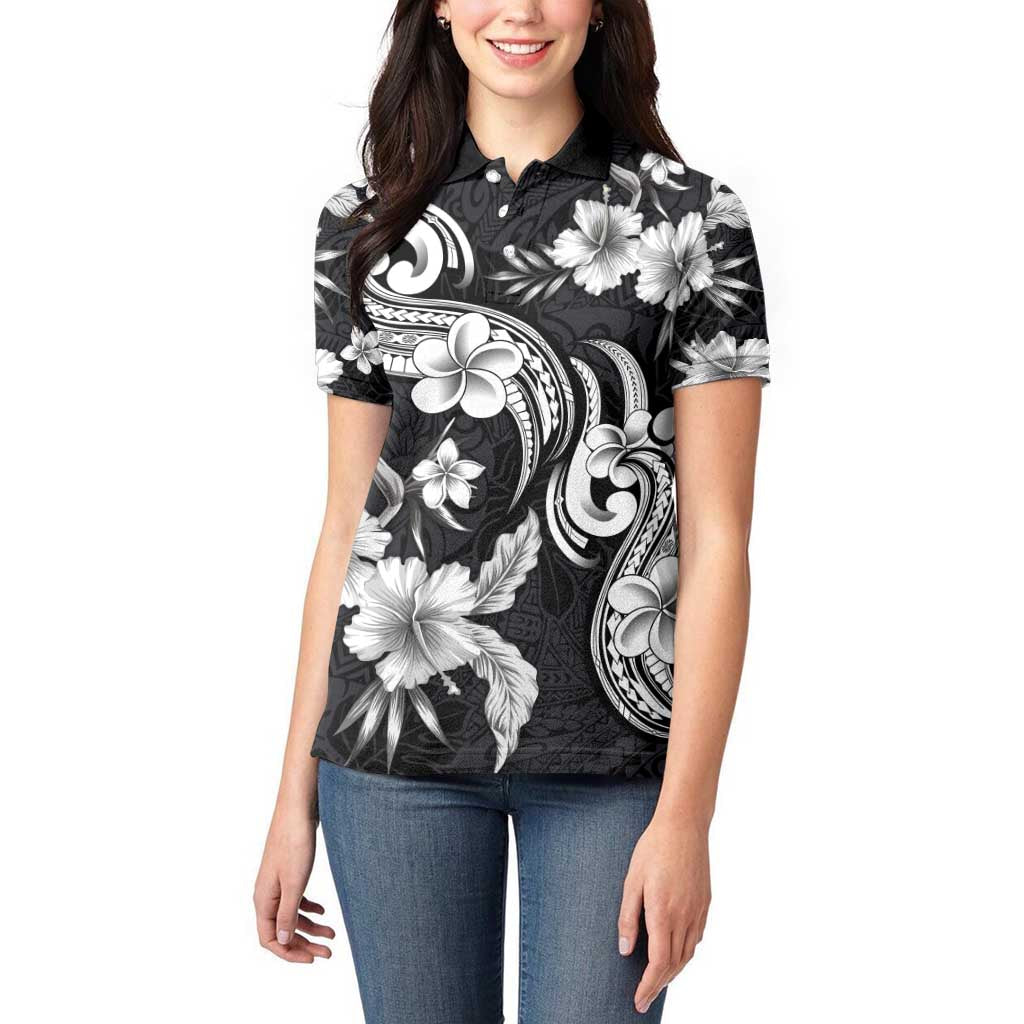 Hawaiian-Polynesian Art Tattoo Women Polo Shirt Hibiscus and Plumeria Grayscale