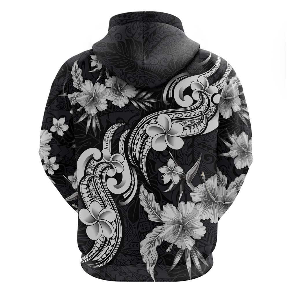 Hawaiian-Polynesian Art Tattoo Zip Hoodie Hibiscus and Plumeria Grayscale