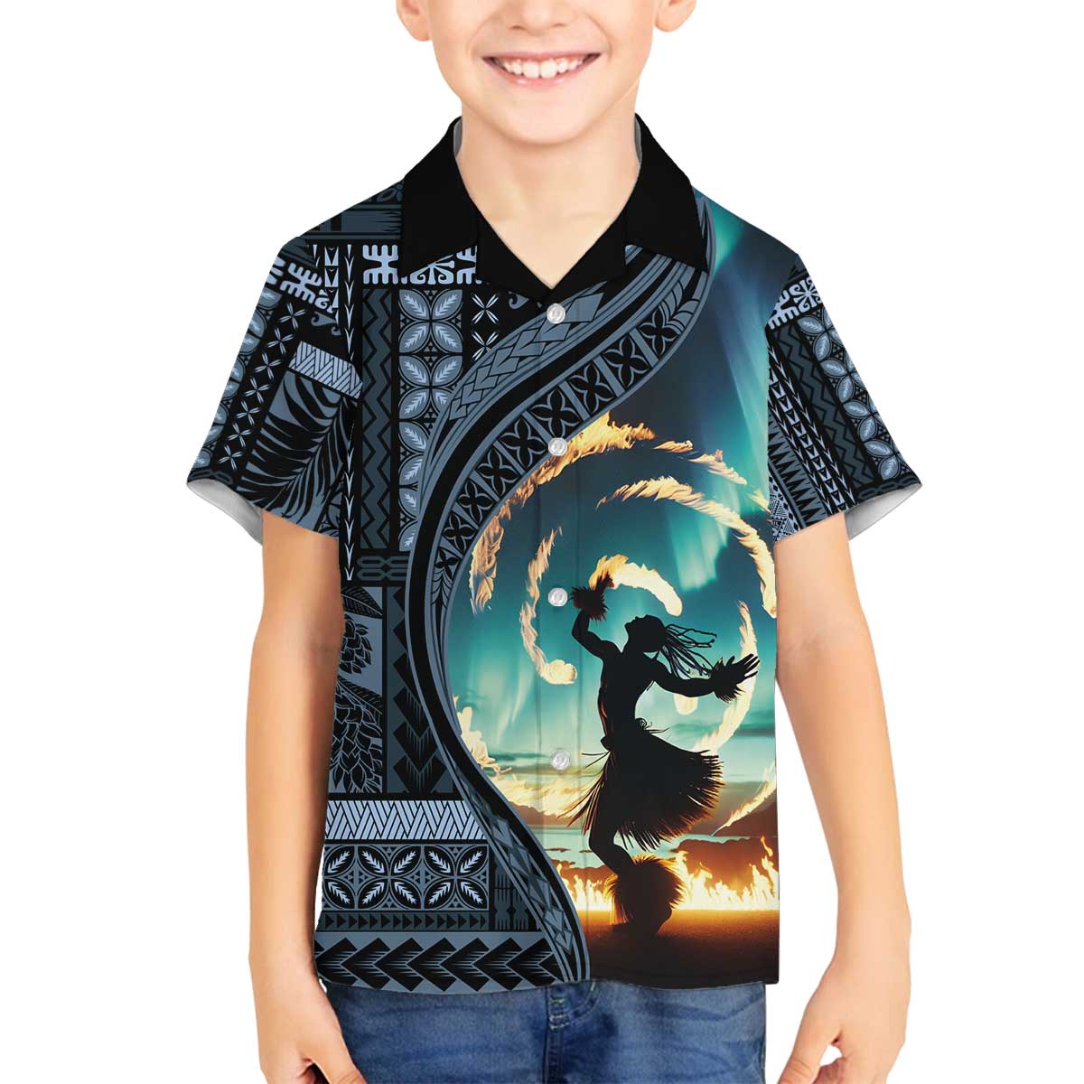 Samoan Siapo Motif and Siva Afi Dance Family Matching Off The Shoulder Long Sleeve Dress and Hawaiian Shirt