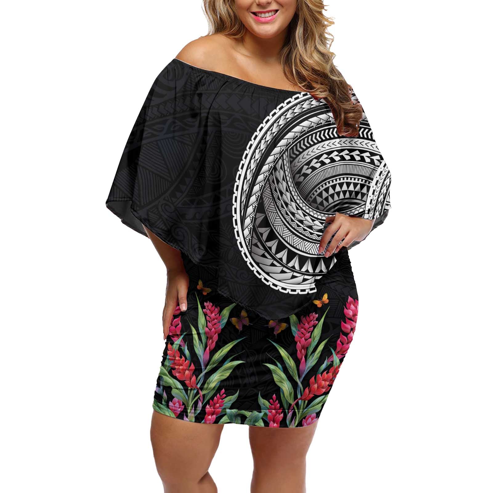 Samoan Art Tattoo Polynesian Pattern Off Shoulder Short Dress