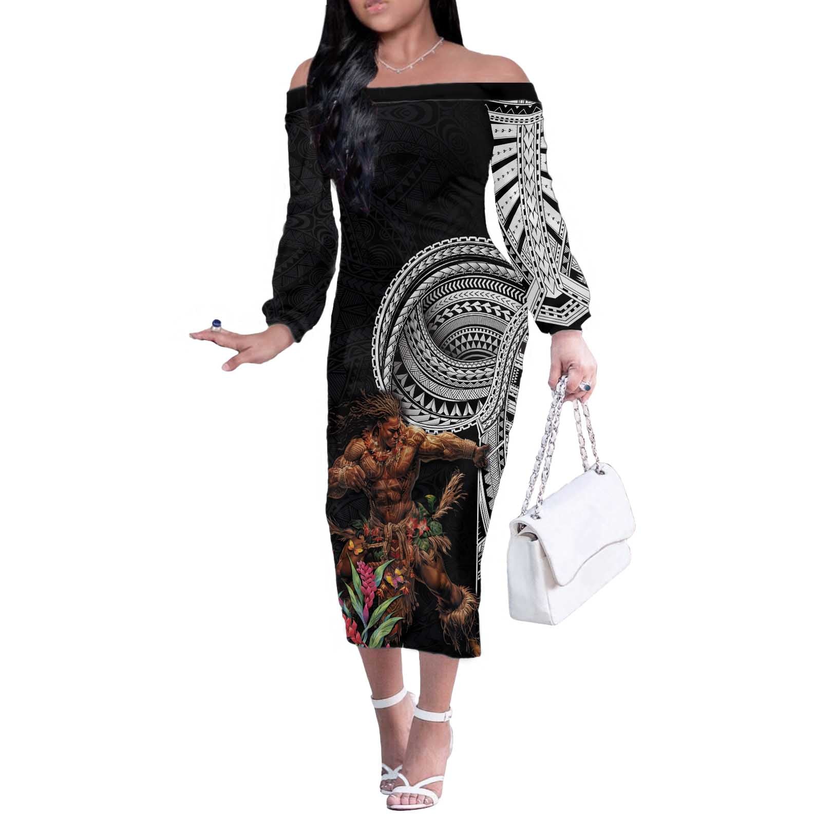 Samoan Warrior Art Tattoo Off The Shoulder Long Sleeve Dress Polynesian Pattern and Teuila