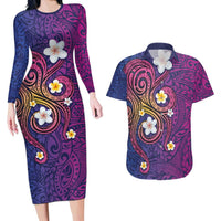 Hawaiian Octopus Tattoo and Frangipani Couples Matching Long Sleeve Bodycon Dress and Hawaiian Shirt LT03