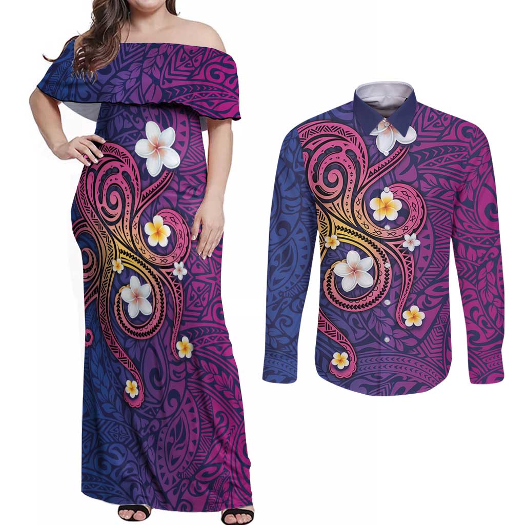 Hawaiian Octopus Tattoo and Frangipani Couples Matching Off Shoulder Maxi Dress and Long Sleeve Button Shirt