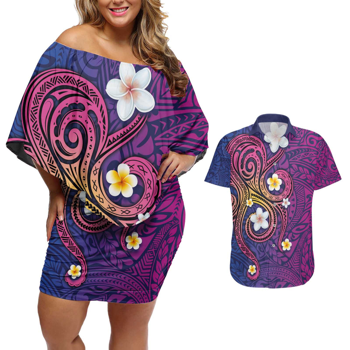 Hawaiian Octopus Tattoo and Frangipani Couples Matching Off Shoulder Short Dress and Hawaiian Shirt