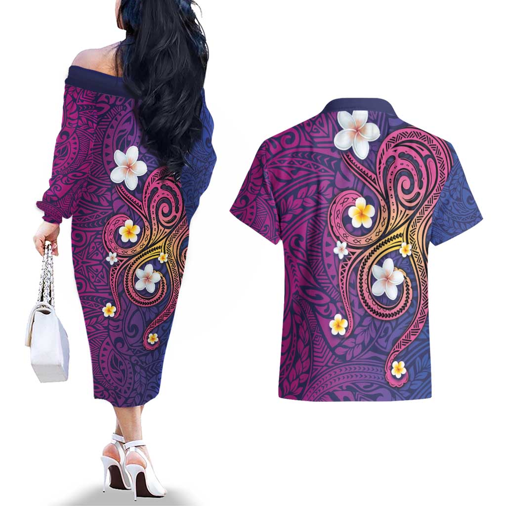 Hawaiian Octopus Tattoo and Frangipani Couples Matching Off The Shoulder Long Sleeve Dress and Hawaiian Shirt