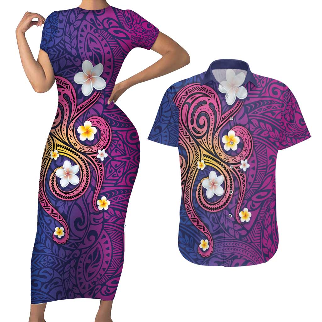 Hawaiian Octopus Tattoo and Frangipani Couples Matching Short Sleeve Bodycon Dress and Hawaiian Shirt