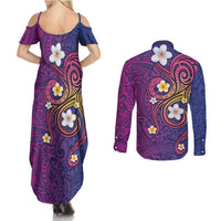 Hawaiian Octopus Tattoo and Frangipani Couples Matching Summer Maxi Dress and Long Sleeve Button Shirt