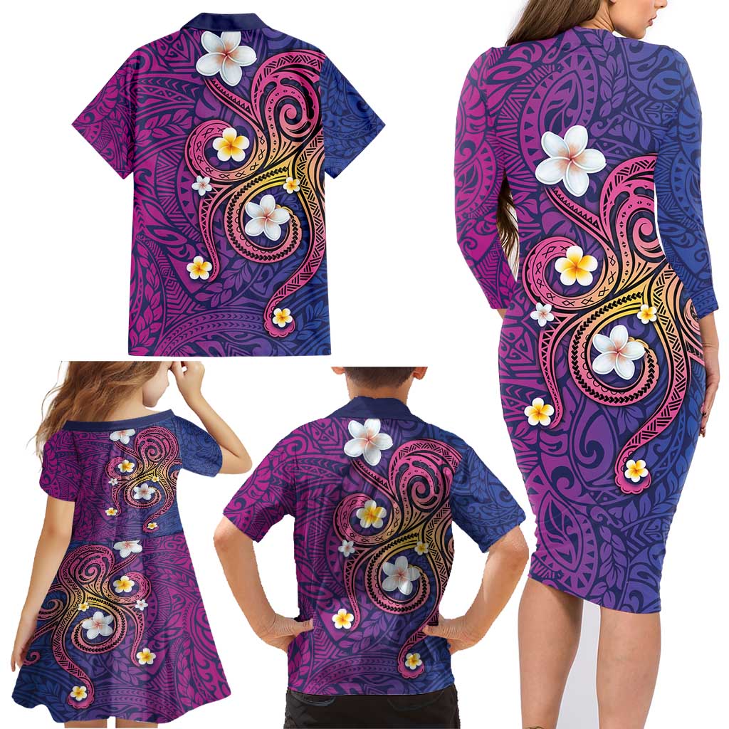 Hawaiian Octopus Tattoo and Frangipani Family Matching Long Sleeve Bodycon Dress and Hawaiian Shirt