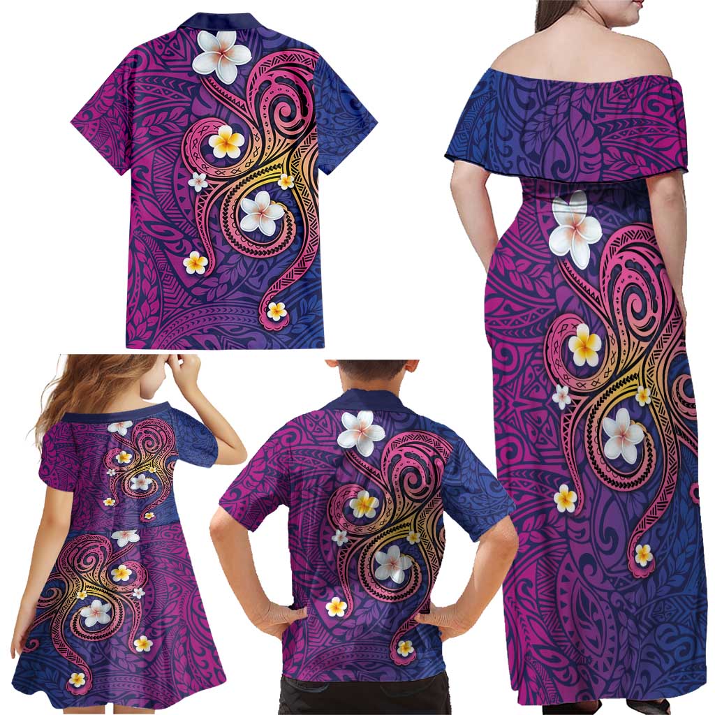 Hawaiian Octopus Tattoo and Frangipani Family Matching Off Shoulder Maxi Dress and Hawaiian Shirt