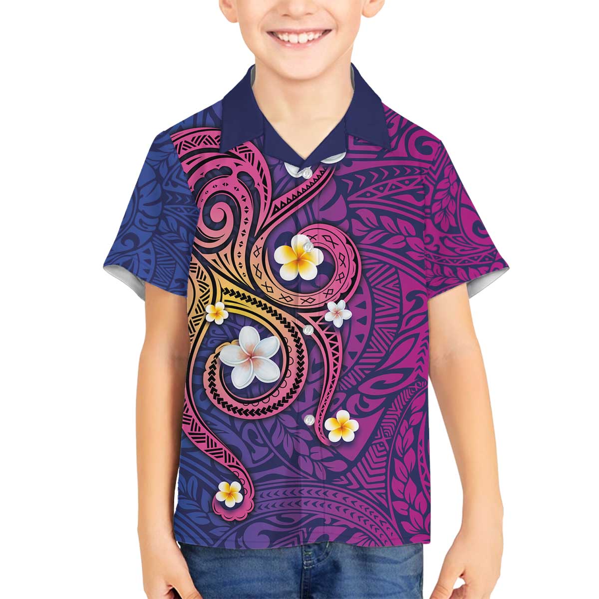 Hawaiian Octopus Tattoo and Frangipani Family Matching Puletasi and Hawaiian Shirt LT03 Son's Shirt Purple - Polynesian Pride
