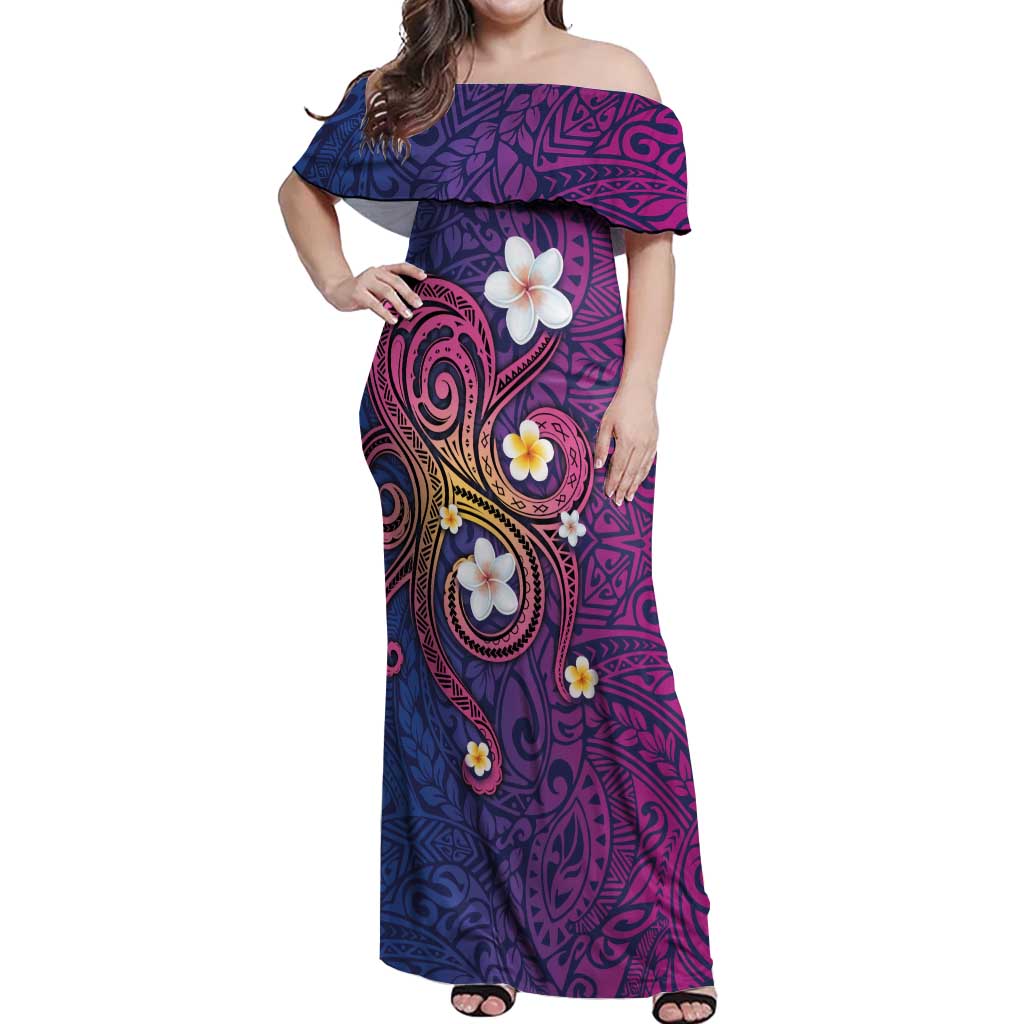Hawaiian Octopus Tattoo and Frangipani Off Shoulder Maxi Dress