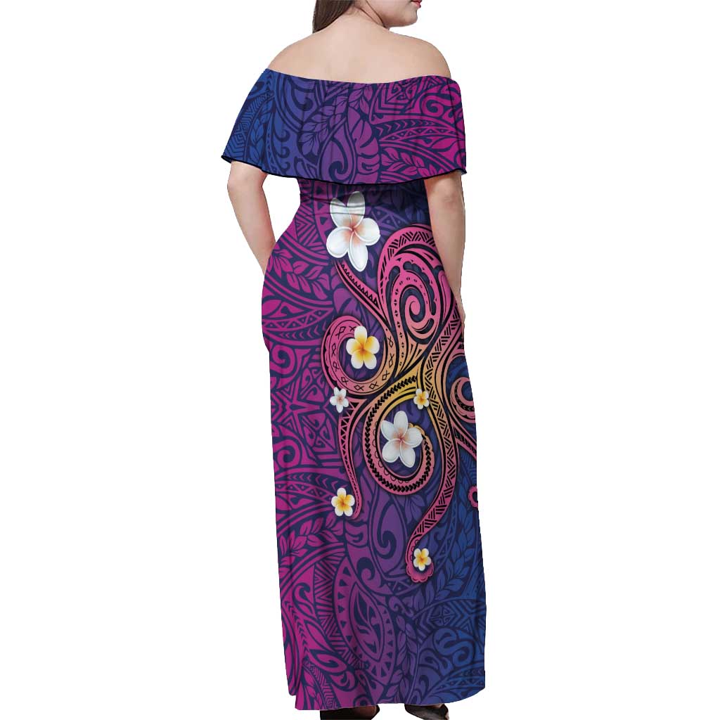 Hawaiian Octopus Tattoo and Frangipani Off Shoulder Maxi Dress