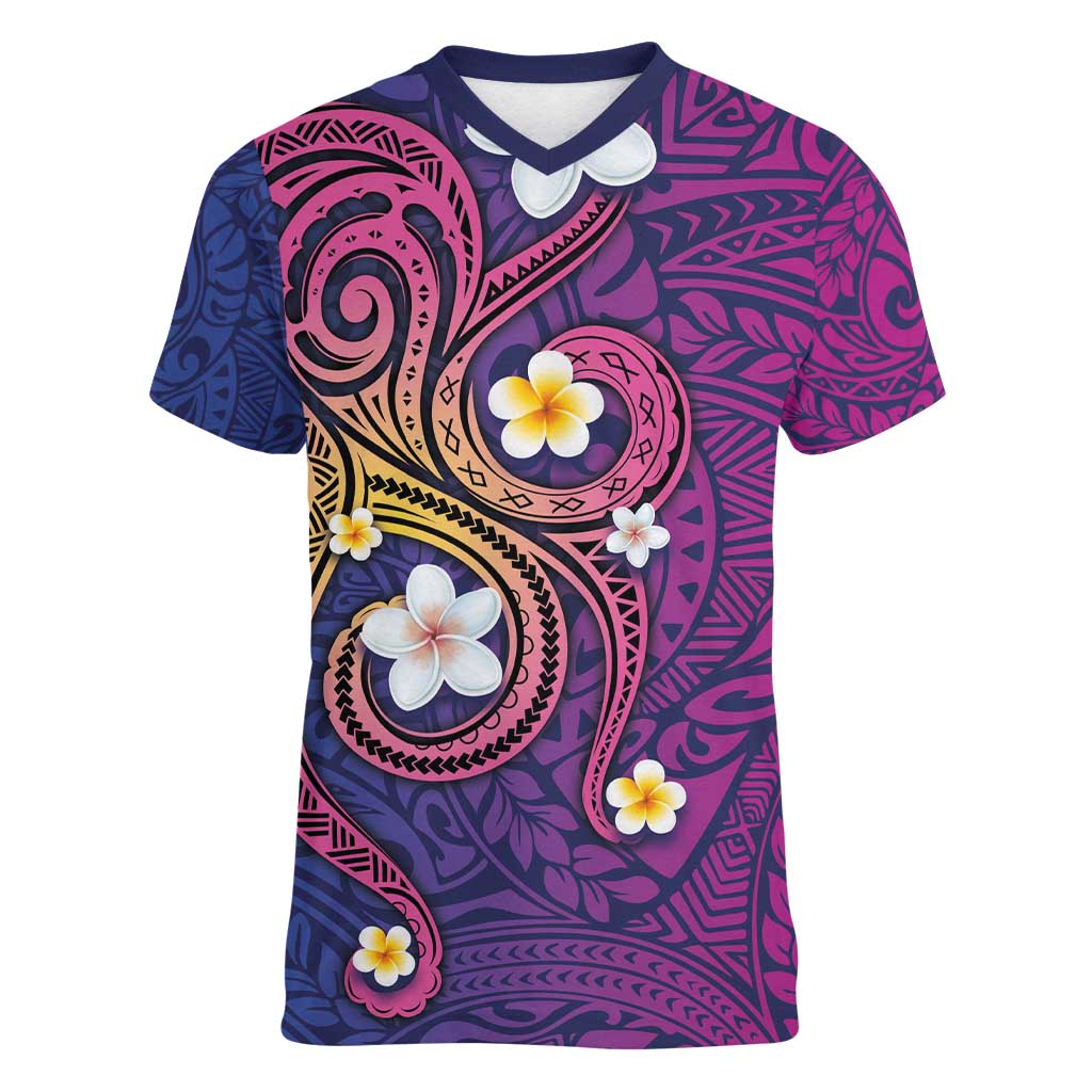 Hawaiian Octopus Tattoo and Frangipani Women V-Neck T-Shirt LT03 Female Purple - Polynesian Pride