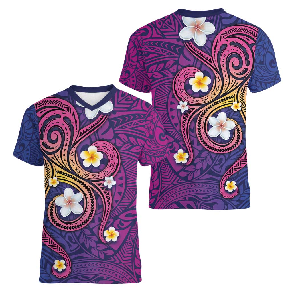 Hawaiian Octopus Tattoo and Frangipani Women V-Neck T-Shirt