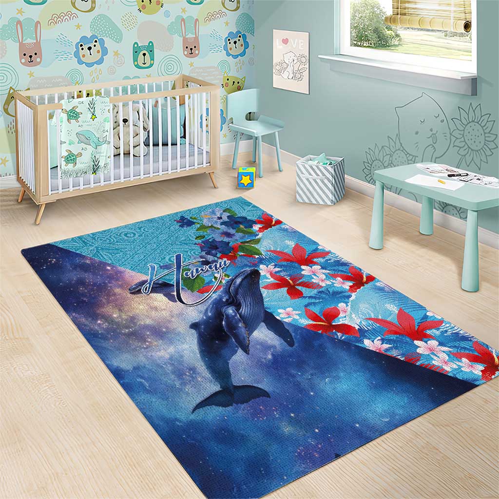 Hawaii Aloha Whales Area Rug Hibiscus and Whales with Polynesian Pattern - Polynesian Pride