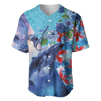 Hawaii Aloha Whales Baseball Jersey Hibiscus and Whales with Polynesian Pattern LT03 Blue - Polynesian Pride