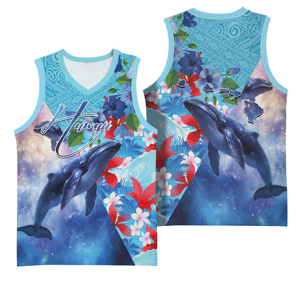 Hawaii Aloha Whales Basketball Jersey Hibiscus and Whales with Polynesian Pattern - Polynesian Pride