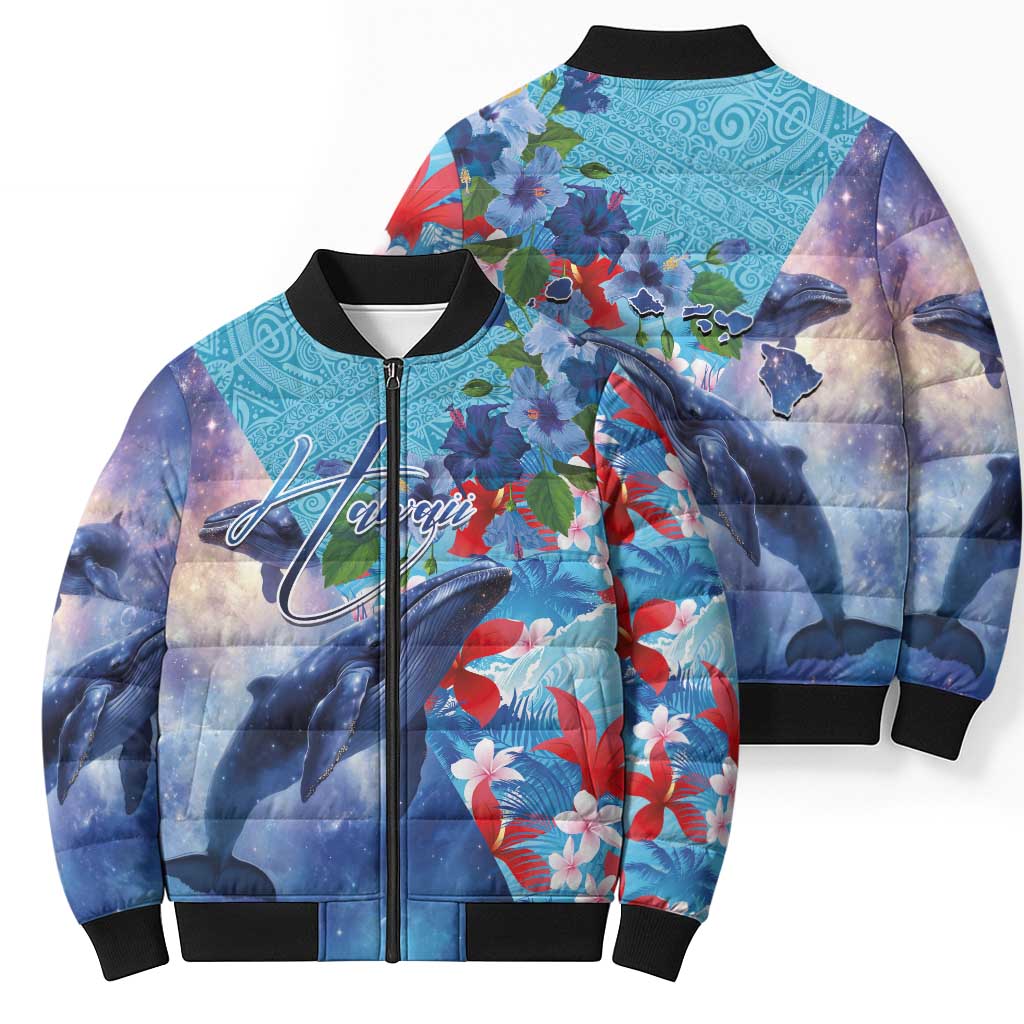 Hawaii Aloha Whales Bomber Puffer Jacket Hibiscus and Whales with Polynesian Pattern - Polynesian Pride