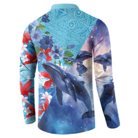 Hawaii Aloha Whales Button Sweatshirt Hibiscus and Whales with Polynesian Pattern - Polynesian Pride
