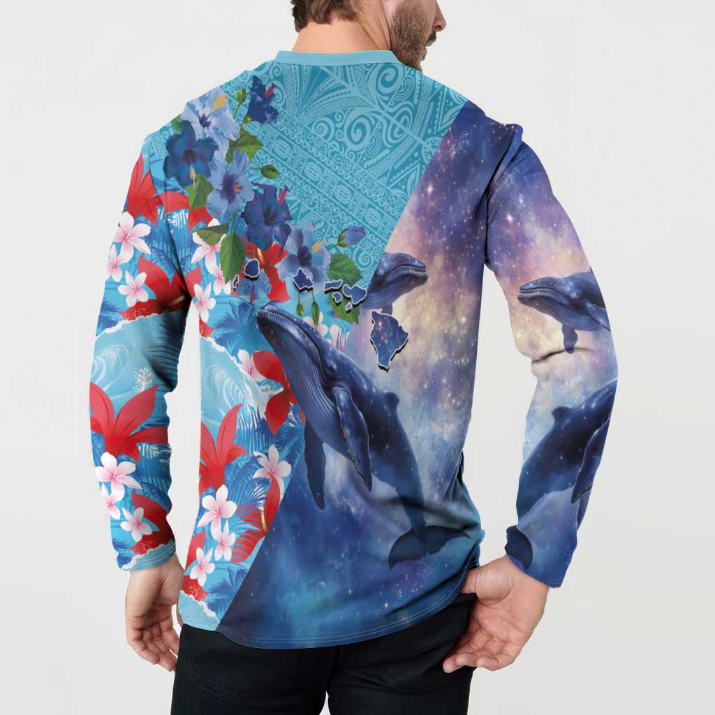 Hawaii Aloha Whales Button Sweatshirt Hibiscus and Whales with Polynesian Pattern - Polynesian Pride