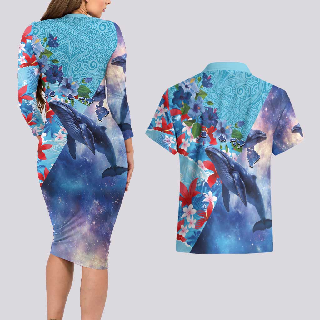 Hawaii Aloha Whales Couples Matching Long Sleeve Bodycon Dress and Hawaiian Shirt Hibiscus and Whales with Polynesian Pattern - Polynesian Pride