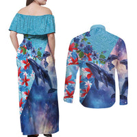 Hawaii Aloha Whales Couples Matching Off Shoulder Maxi Dress and Long Sleeve Button Shirt Hibiscus and Whales with Polynesian Pattern - Polynesian Pride