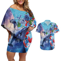 Hawaii Aloha Whales Couples Matching Off Shoulder Short Dress and Hawaiian Shirt Hibiscus and Whales with Polynesian Pattern - Polynesian Pride