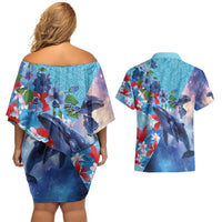 Hawaii Aloha Whales Couples Matching Off Shoulder Short Dress and Hawaiian Shirt Hibiscus and Whales with Polynesian Pattern - Polynesian Pride