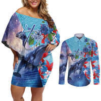 Hawaii Aloha Whales Couples Matching Off Shoulder Short Dress and Long Sleeve Button Shirt Hibiscus and Whales with Polynesian Pattern - Polynesian Pride