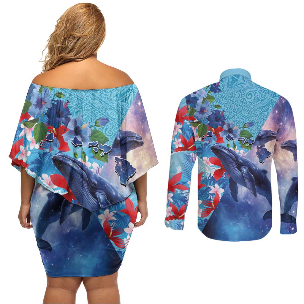Hawaii Aloha Whales Couples Matching Off Shoulder Short Dress and Long Sleeve Button Shirt Hibiscus and Whales with Polynesian Pattern - Polynesian Pride