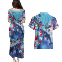 Hawaii Aloha Whales Couples Matching Puletasi and Hawaiian Shirt Hibiscus and Whales with Polynesian Pattern - Polynesian Pride