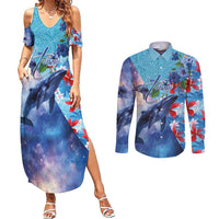 Hawaii Aloha Whales Couples Matching Summer Maxi Dress and Long Sleeve Button Shirt Hibiscus and Whales with Polynesian Pattern - Polynesian Pride