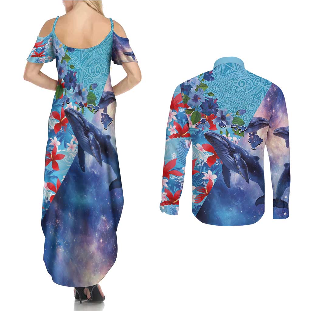 Hawaii Aloha Whales Couples Matching Summer Maxi Dress and Long Sleeve Button Shirt Hibiscus and Whales with Polynesian Pattern - Polynesian Pride