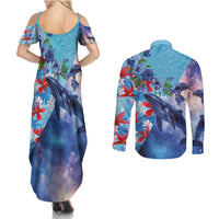 Hawaii Aloha Whales Couples Matching Summer Maxi Dress and Long Sleeve Button Shirt Hibiscus and Whales with Polynesian Pattern - Polynesian Pride