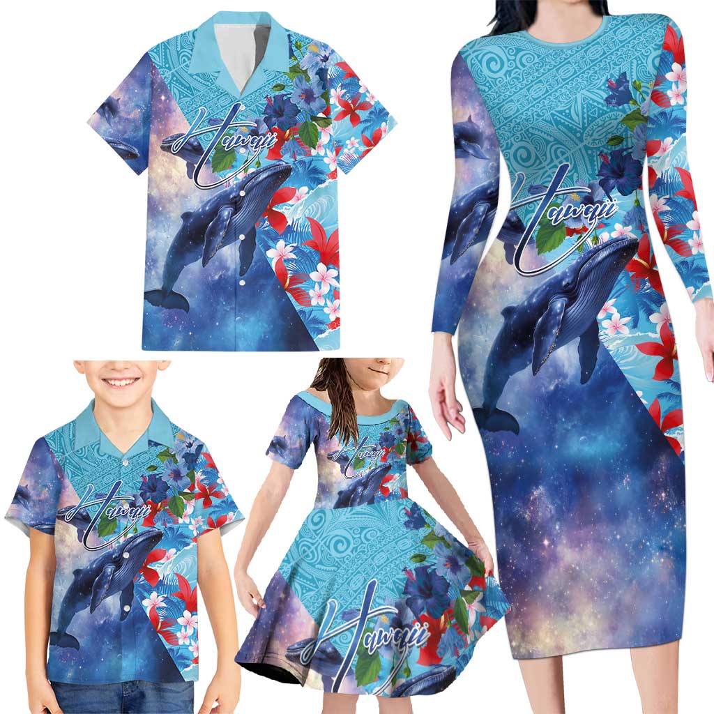 Hawaii Aloha Whales Family Matching Long Sleeve Bodycon Dress and Hawaiian Shirt Hibiscus and Whales with Polynesian Pattern - Polynesian Pride