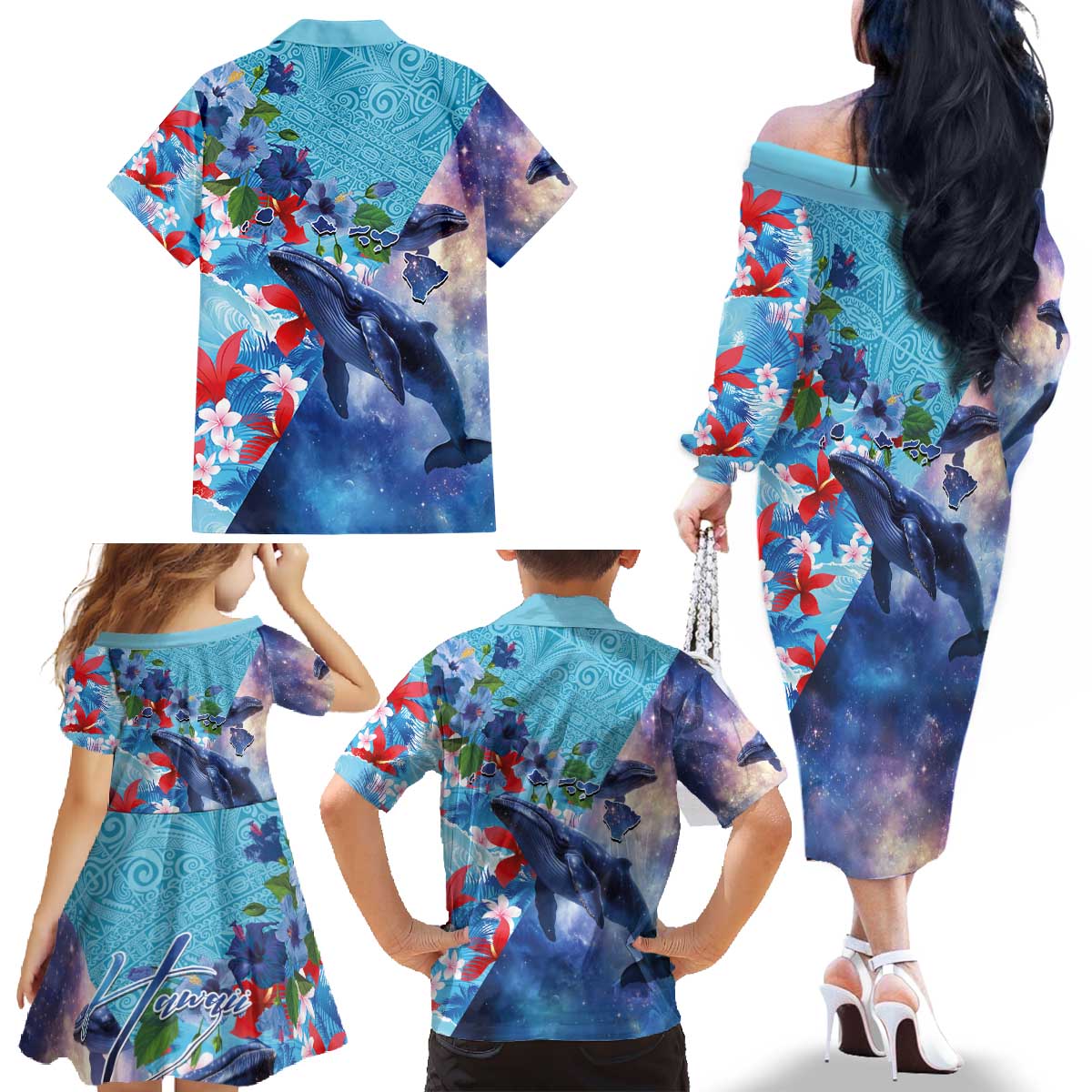 Hawaii Aloha Whales Family Matching Off The Shoulder Long Sleeve Dress and Hawaiian Shirt Hibiscus and Whales with Polynesian Pattern - Polynesian Pride