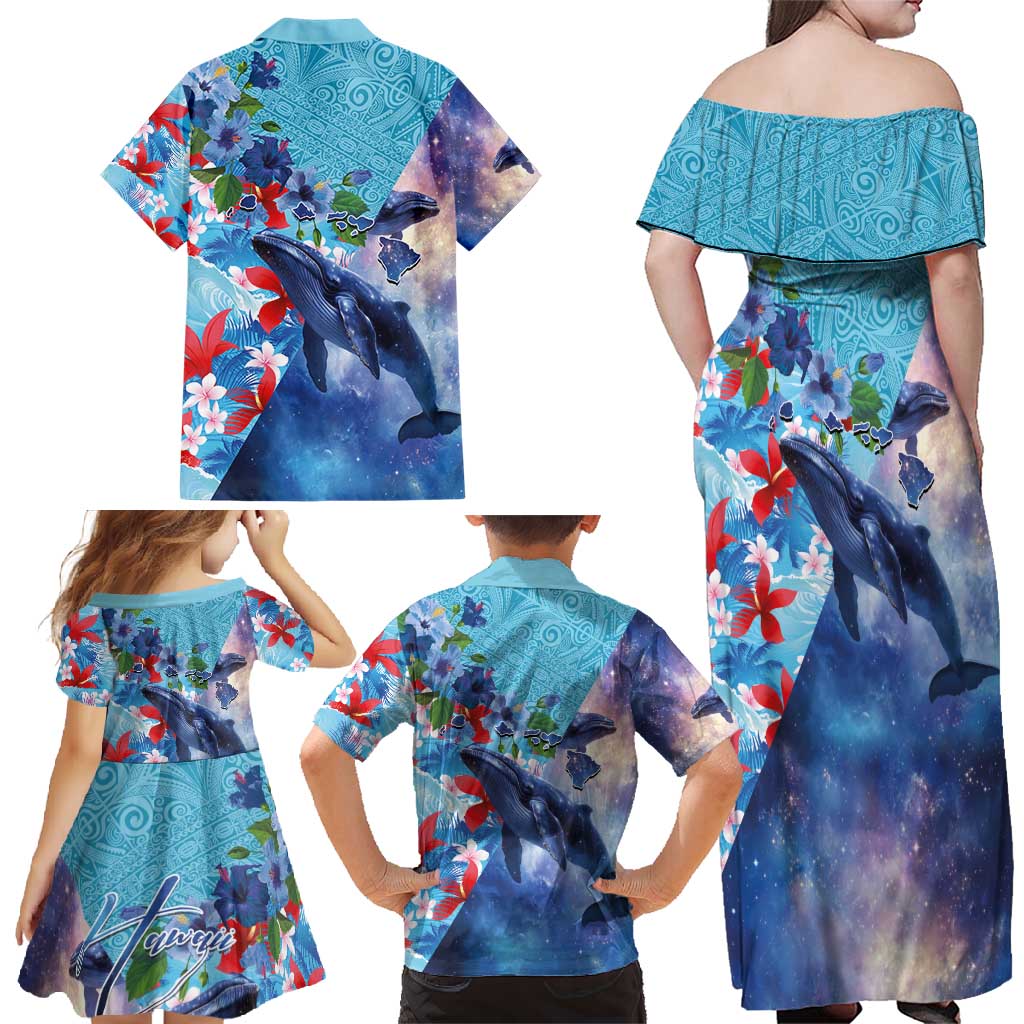 Hawaii Aloha Whales Family Matching Off Shoulder Maxi Dress and Hawaiian Shirt Hibiscus and Whales with Polynesian Pattern - Polynesian Pride