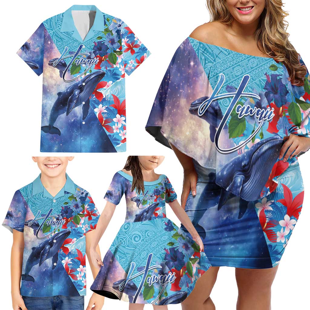 Hawaii Aloha Whales Family Matching Off Shoulder Short Dress and Hawaiian Shirt Hibiscus and Whales with Polynesian Pattern - Polynesian Pride