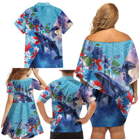 Hawaii Aloha Whales Family Matching Off Shoulder Short Dress and Hawaiian Shirt Hibiscus and Whales with Polynesian Pattern - Polynesian Pride