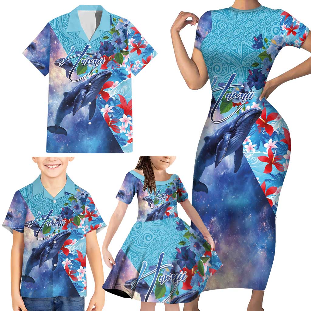 Hawaii Aloha Whales Family Matching Short Sleeve Bodycon Dress and Hawaiian Shirt Hibiscus and Whales with Polynesian Pattern - Polynesian Pride