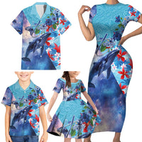 Hawaii Aloha Whales Family Matching Short Sleeve Bodycon Dress and Hawaiian Shirt Hibiscus and Whales with Polynesian Pattern - Polynesian Pride