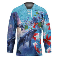 Hawaii Aloha Whales Hockey Jersey Hibiscus and Whales with Polynesian Pattern - Polynesian Pride