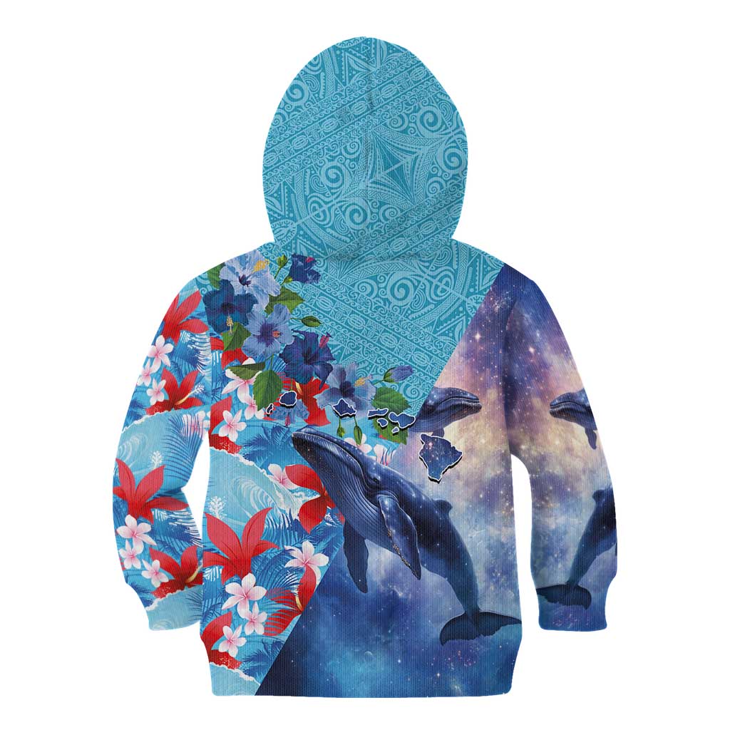 Hawaii Aloha Whales Kid Hoodie Hibiscus and Whales with Polynesian Pattern - Polynesian Pride