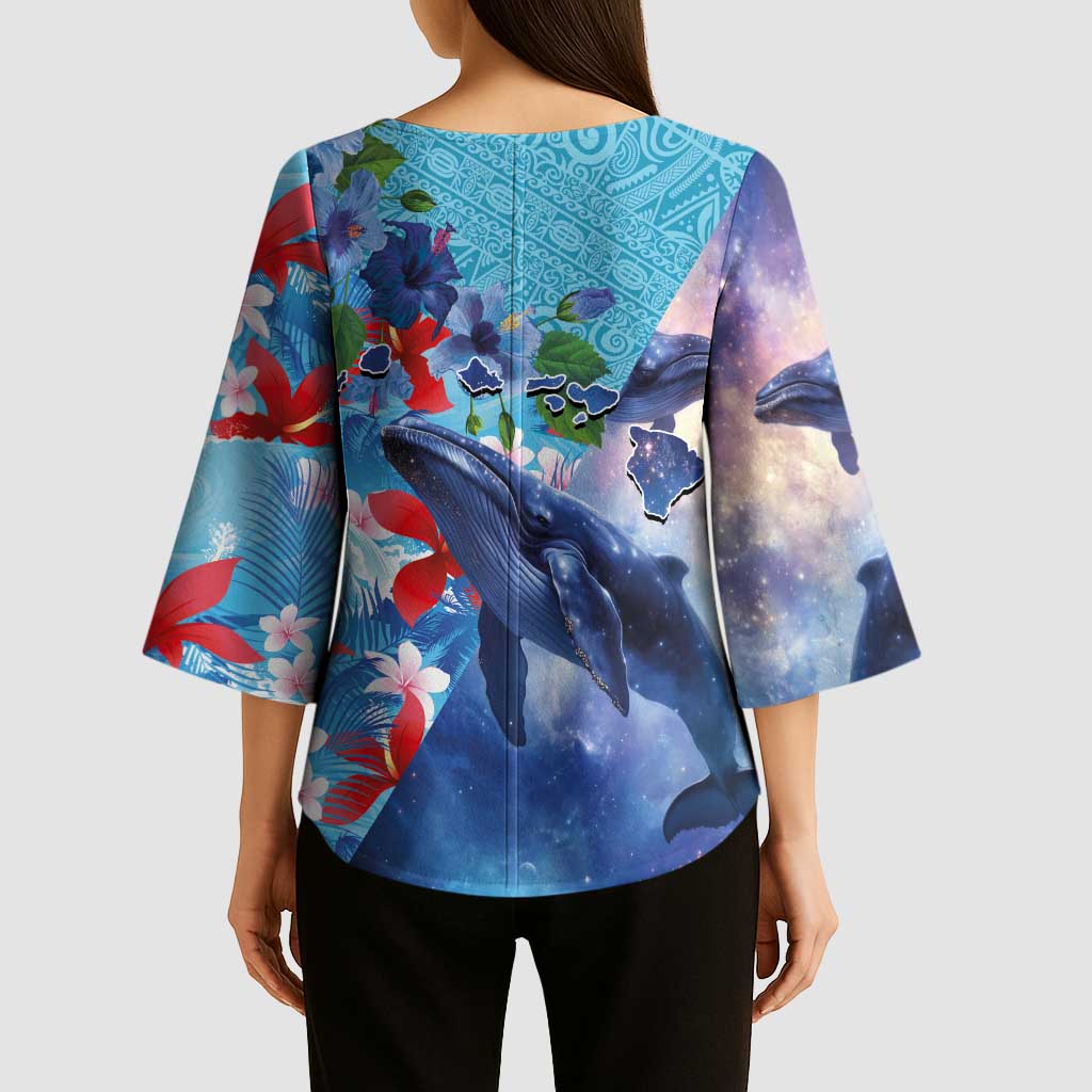 Hawaii Aloha Whales Kimono Sleeve Blouse Hibiscus and Whales with Polynesian Pattern - Polynesian Pride